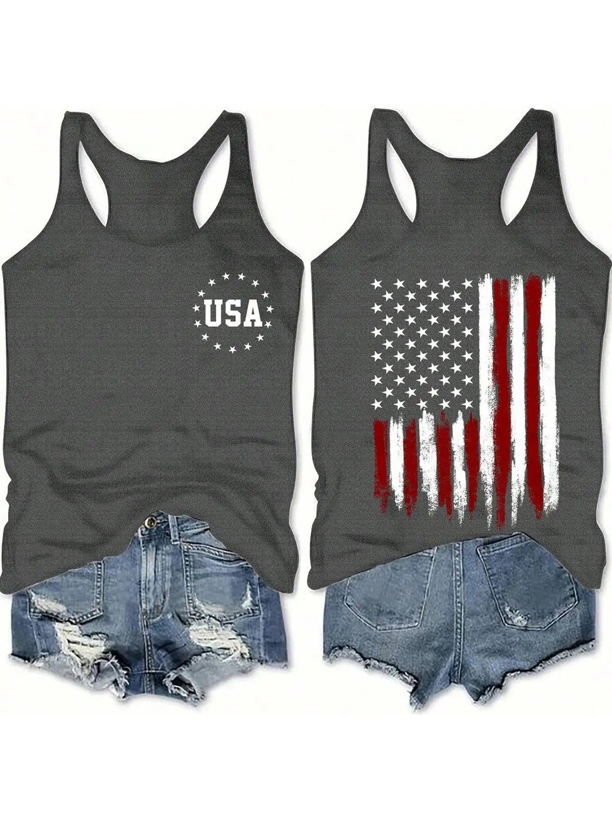 Ladies' American flag double - sided printed I - back vest, summer casual sleeveless top, popular style - American ThistleLadies' American flag double - sided printed I - back vest, summer casual sleeveless top, popular style