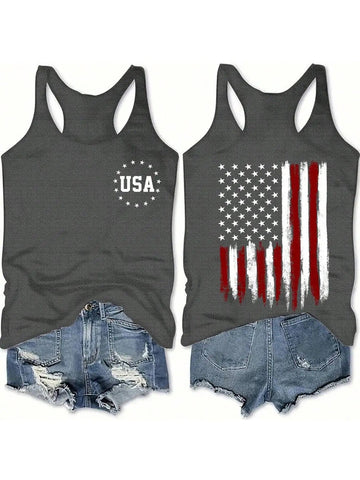 Ladies' American flag double - sided printed I - back vest, summer casual sleeveless top, popular style - American ThistleLadies' American flag double - sided printed I - back vest, summer casual sleeveless top, popular style
