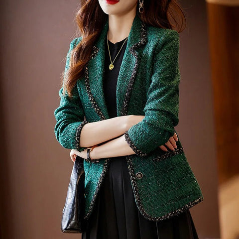Ladies Casual Blazer Women Black Green Beige Tweed Jacket Female Long Sleeve Single Breasted Slim Coat Winter - American Thistle Ladies Casual Blazer Women Black Green Beige Tweed Jacket Female Long Sleeve Single Breasted Slim Coat Winter