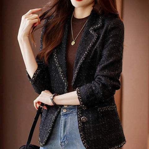Ladies Casual Blazer Women Black Green Beige Tweed Jacket Female Long Sleeve Single Breasted Slim Coat Winter - American Thistle Ladies Casual Blazer Women Black Green Beige Tweed Jacket Female Long Sleeve Single Breasted Slim Coat Winter