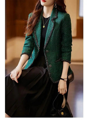 Ladies Casual Blazer Women Black Green Beige Tweed Jacket Female Long Sleeve Single Breasted Slim Coat Winter - American Thistle Ladies Casual Blazer Women Black Green Beige Tweed Jacket Female Long Sleeve Single Breasted Slim Coat Winter