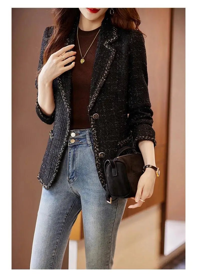 Ladies Casual Blazer Women Black Green Beige Tweed Jacket Female Long Sleeve Single Breasted Slim Coat Winter - American Thistle Ladies Casual Blazer Women Black Green Beige Tweed Jacket Female Long Sleeve Single Breasted Slim Coat Winter