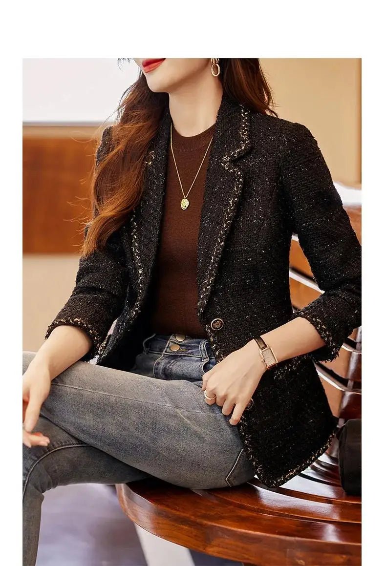 Ladies Casual Blazer Women Black Green Beige Tweed Jacket Female Long Sleeve Single Breasted Slim Coat Winter - American Thistle Ladies Casual Blazer Women Black Green Beige Tweed Jacket Female Long Sleeve Single Breasted Slim Coat Winter