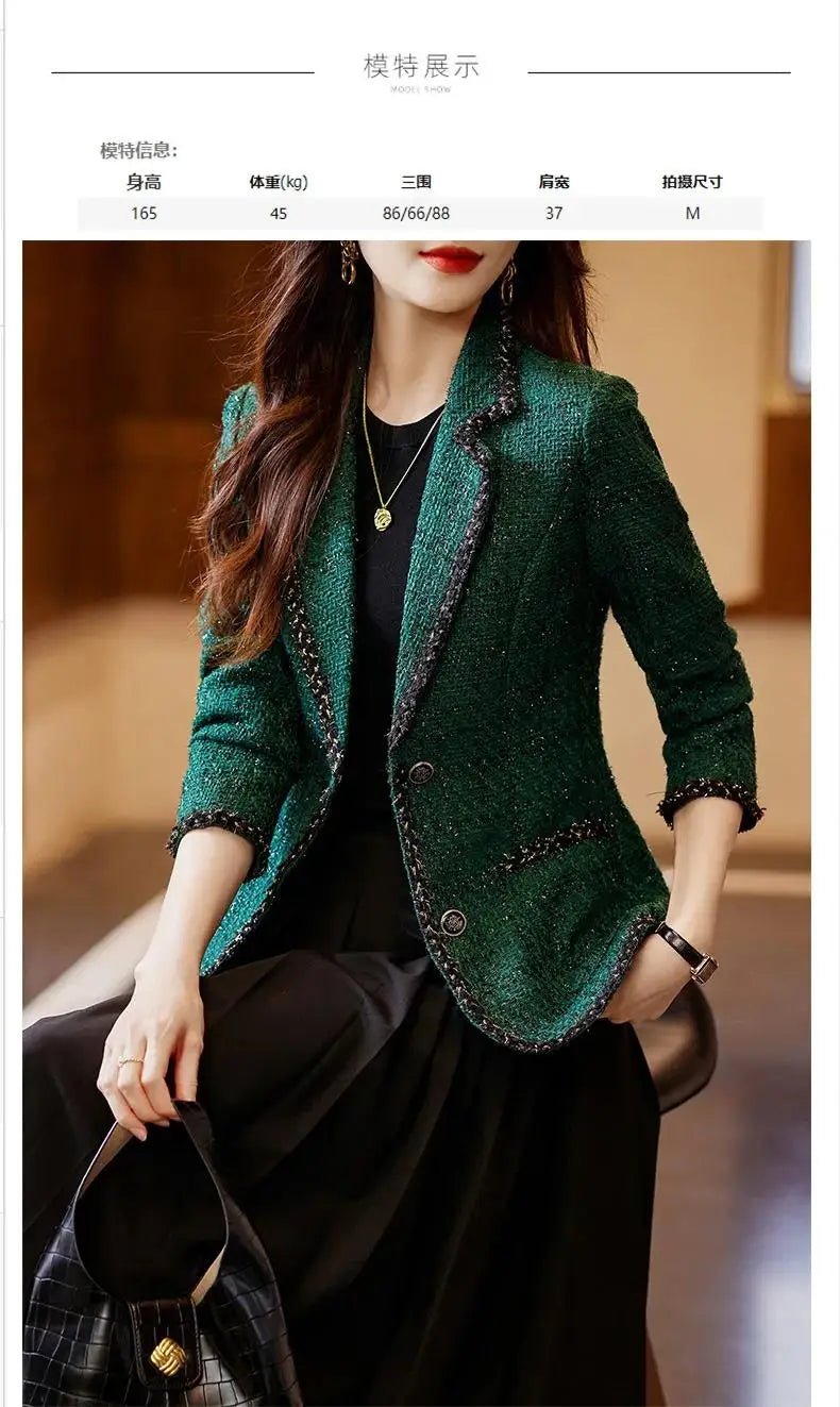 Ladies Casual Blazer Women Black Green Beige Tweed Jacket Female Long Sleeve Single Breasted Slim Coat Winter - American Thistle Ladies Casual Blazer Women Black Green Beige Tweed Jacket Female Long Sleeve Single Breasted Slim Coat Winter