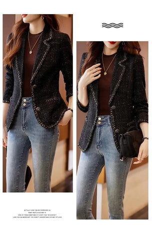Ladies Casual Blazer Women Black Green Beige Tweed Jacket Female Long Sleeve Single Breasted Slim Coat Winter - American Thistle Ladies Casual Blazer Women Black Green Beige Tweed Jacket Female Long Sleeve Single Breasted Slim Coat Winter