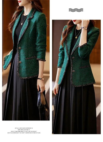 Ladies Casual Blazer Women Black Green Beige Tweed Jacket Female Long Sleeve Single Breasted Slim Coat Winter - American Thistle Ladies Casual Blazer Women Black Green Beige Tweed Jacket Female Long Sleeve Single Breasted Slim Coat Winter