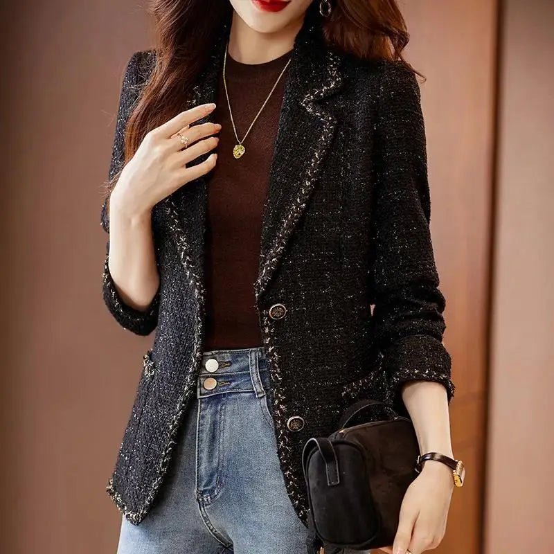 Ladies Casual Blazer Women Black Green Beige Tweed Jacket Female Long Sleeve Single Breasted Slim Coat Winter - American Thistle Ladies Casual Blazer Women Black Green Beige Tweed Jacket Female Long Sleeve Single Breasted Slim Coat Winter