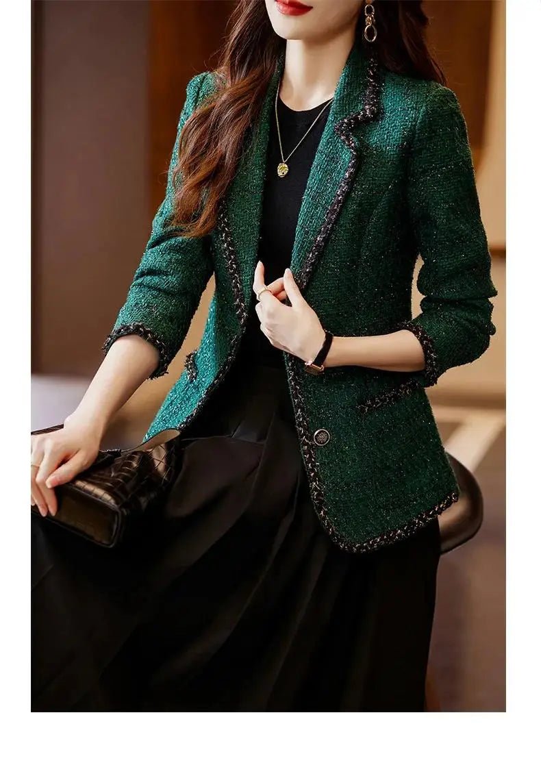 Ladies Casual Blazer Women Black Green Beige Tweed Jacket Female Long Sleeve Single Breasted Slim Coat Winter - American Thistle Ladies Casual Blazer Women Black Green Beige Tweed Jacket Female Long Sleeve Single Breasted Slim Coat Winter