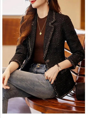 Ladies Casual Blazer Women Black Green Beige Tweed Jacket Female Long Sleeve Single Breasted Slim Coat Winter - American Thistle Ladies Casual Blazer Women Black Green Beige Tweed Jacket Female Long Sleeve Single Breasted Slim Coat Winter