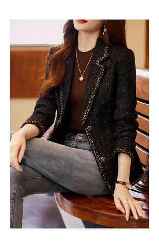 Ladies Casual Blazer Women Black Green Beige Tweed Jacket Female Long Sleeve Single Breasted Slim Coat Winter - American Thistle Ladies Casual Blazer Women Black Green Beige Tweed Jacket Female Long Sleeve Single Breasted Slim Coat Winter