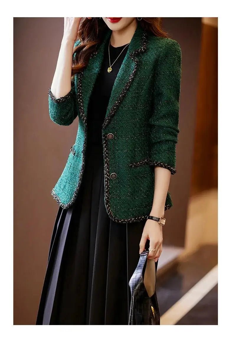 Ladies Casual Blazer Women Black Green Beige Tweed Jacket Female Long Sleeve Single Breasted Slim Coat Winter - American Thistle Ladies Casual Blazer Women Black Green Beige Tweed Jacket Female Long Sleeve Single Breasted Slim Coat Winter