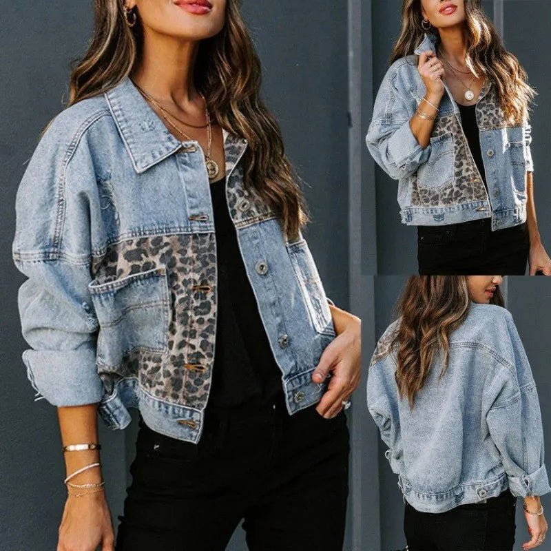 Leopard Stitching Denim Jacket Women Coat Fashion - American Thistle Leopard Stitching Denim Jacket Women Coat Fashion