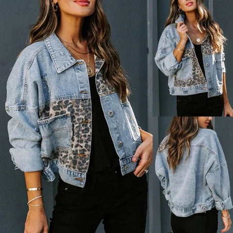 Leopard Stitching Denim Jacket Women Coat Fashion - American Thistle Leopard Stitching Denim Jacket Women Coat Fashion