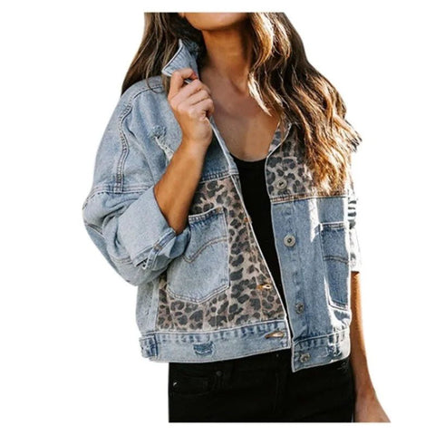 Leopard Stitching Denim Jacket Women Coat Fashion - American Thistle Leopard Stitching Denim Jacket Women Coat Fashion