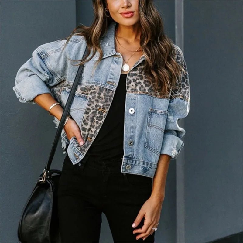 Leopard Stitching Denim Jacket Women Coat Fashion - American Thistle Leopard Stitching Denim Jacket Women Coat Fashion