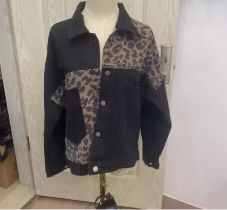 Leopard Stitching Denim Jacket Women Coat Fashion - American Thistle Leopard Stitching Denim Jacket Women Coat Fashion