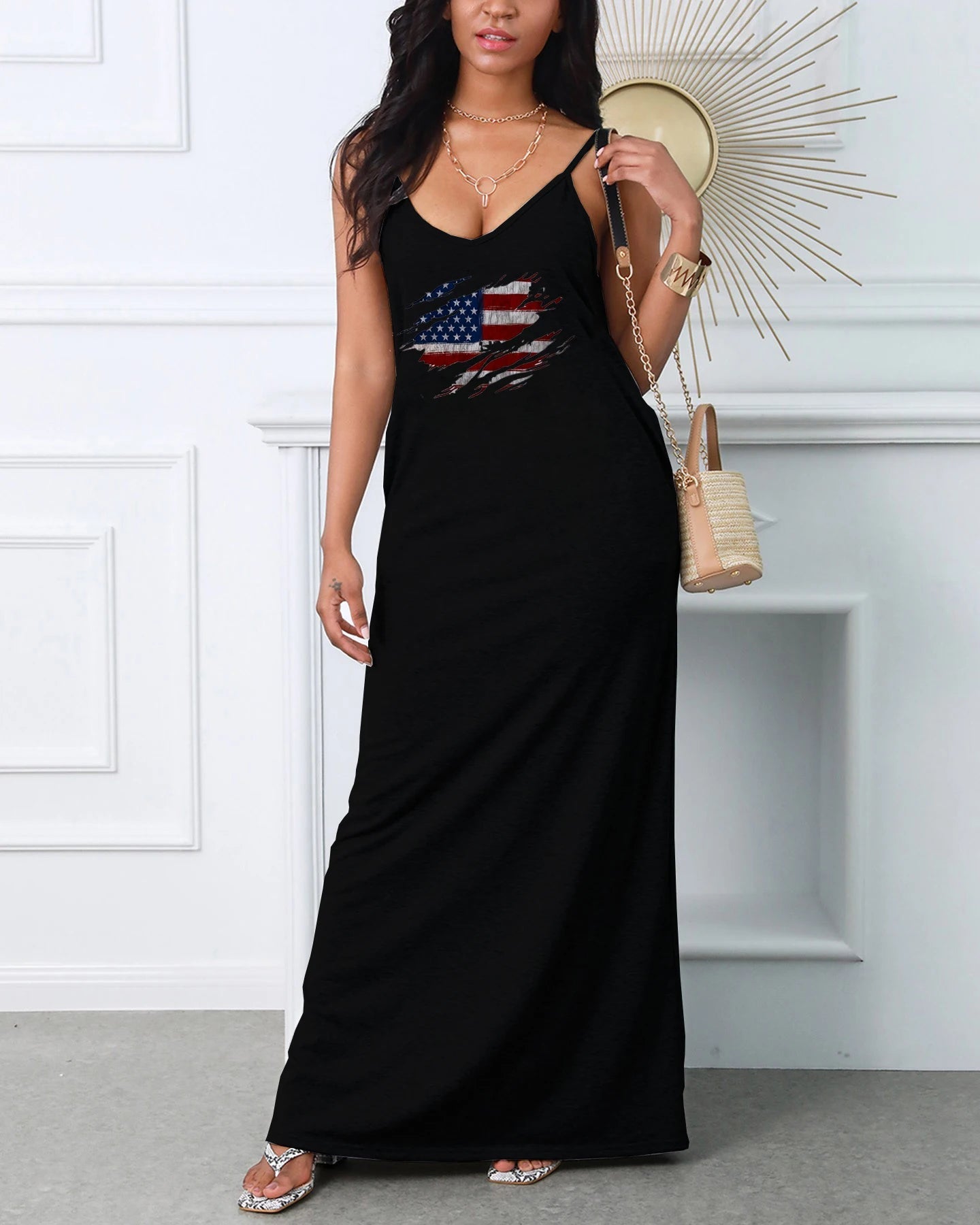 Long Casual Ladies' summer spaghetti strap dress with American Flag - American ThistleLong Casual Ladies' summer spaghetti strap dress with American Flag