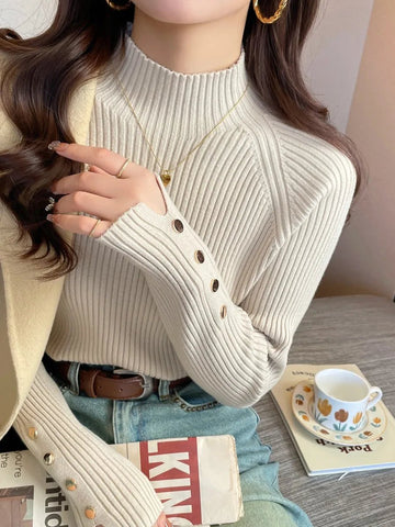 Long - Sleeve Knit pullover Turtleneck with Buttons Winter/Autumn - American Thistle Long - Sleeve Knit pullover Turtleneck with Buttons Winter/Autumn