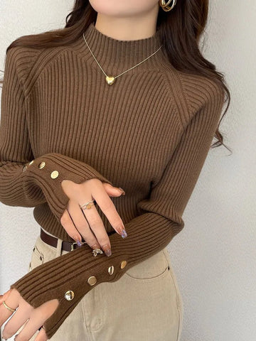 Long - Sleeve Knit pullover Turtleneck with Buttons Winter/Autumn - American Thistle Long - Sleeve Knit pullover Turtleneck with Buttons Winter/Autumn