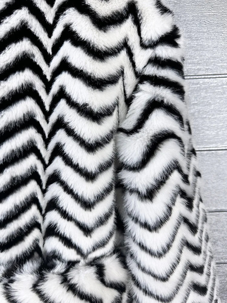 Long Women Faux Fur Coat Luxury Lapel Thick Warm Black White Striped Women Jacket Winter Clothes Women - American ThistleLong Women Faux Fur Coat Luxury Lapel Thick Warm Black White Striped Women Jacket Winter Clothes Women