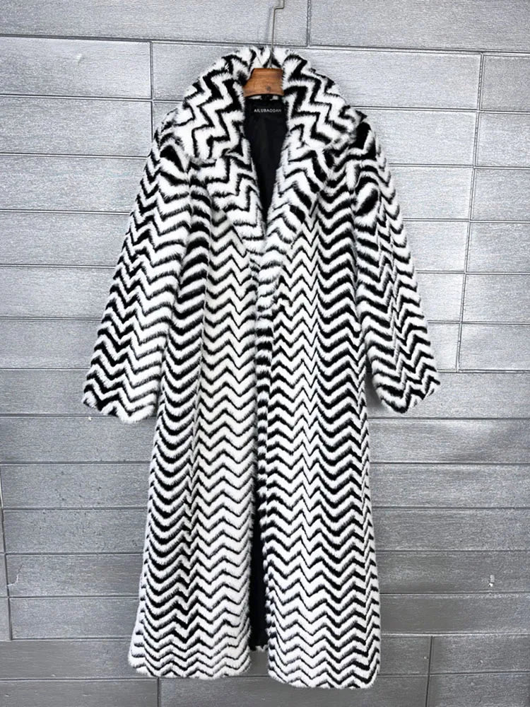 Long Women Faux Fur Coat Luxury Lapel Thick Warm Black White Striped Women Jacket Winter Clothes Women - American ThistleLong Women Faux Fur Coat Luxury Lapel Thick Warm Black White Striped Women Jacket Winter Clothes Women