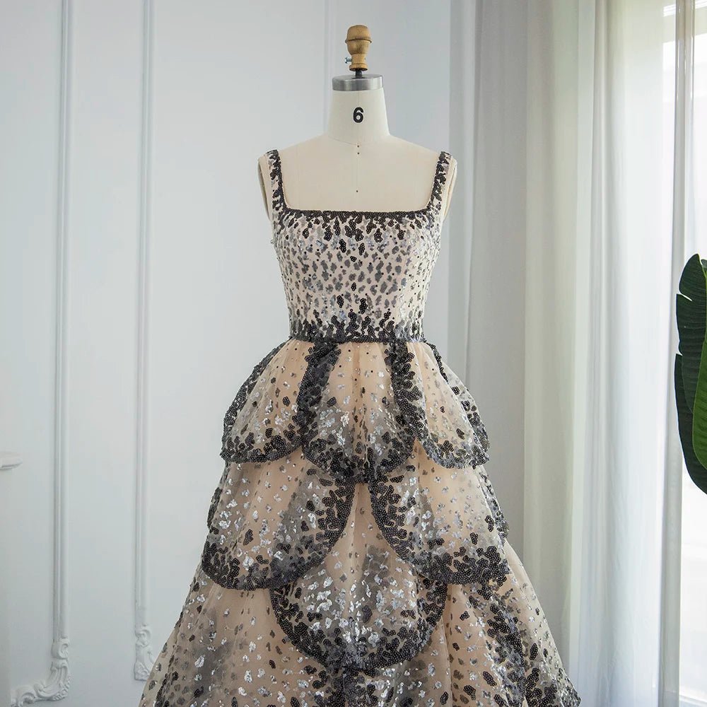 Luxury Ball Gown Evening Dress Sparkly Sequin Tiered Ruffles Elegant - American Thistle Luxury Ball Gown Evening Dress Sparkly Sequin Tiered Ruffles Elegant