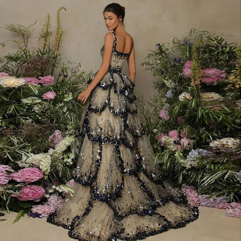Luxury Ball Gown Evening Dress Sparkly Sequin Tiered Ruffles Elegant - American Thistle Luxury Ball Gown Evening Dress Sparkly Sequin Tiered Ruffles Elegant