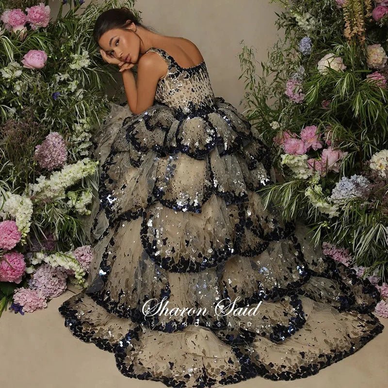 Luxury Ball Gown Evening Dress Sparkly Sequin Tiered Ruffles Elegant - American Thistle Luxury Ball Gown Evening Dress Sparkly Sequin Tiered Ruffles Elegant