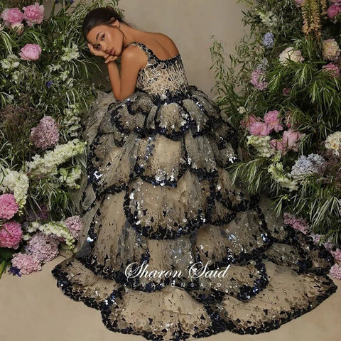 Luxury Ball Gown Evening Dress Sparkly Sequin Tiered Ruffles Elegant - American Thistle Luxury Ball Gown Evening Dress Sparkly Sequin Tiered Ruffles Elegant