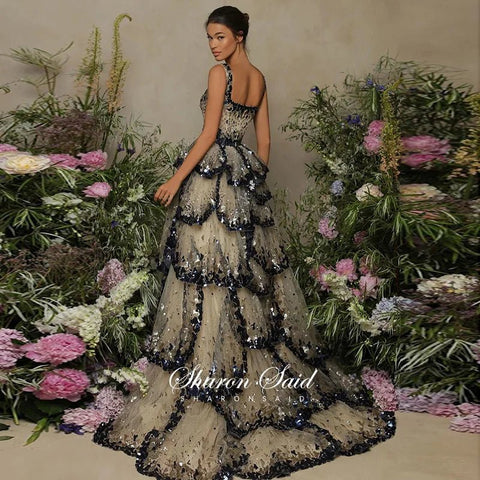 Luxury Ball Gown Evening Dress Sparkly Sequin Tiered Ruffles Elegant - American Thistle Luxury Ball Gown Evening Dress Sparkly Sequin Tiered Ruffles Elegant