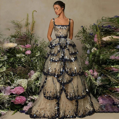 Luxury Ball Gown Evening Dress Sparkly Sequin Tiered Ruffles Elegant - American Thistle Luxury Ball Gown Evening Dress Sparkly Sequin Tiered Ruffles Elegant