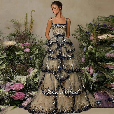 Luxury Ball Gown Evening Dress Sparkly Sequin Tiered Ruffles Elegant - American Thistle Luxury Ball Gown Evening Dress Sparkly Sequin Tiered Ruffles Elegant