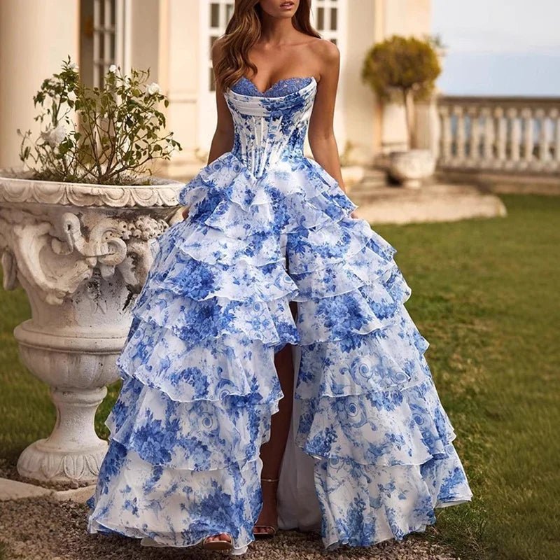 Luxury Floral Print Sleeveless Dress Lady Strapless Waist Layered Evening Gown - American Thistle Luxury Floral Print Sleeveless Dress Lady Strapless Waist Layered Evening Gown