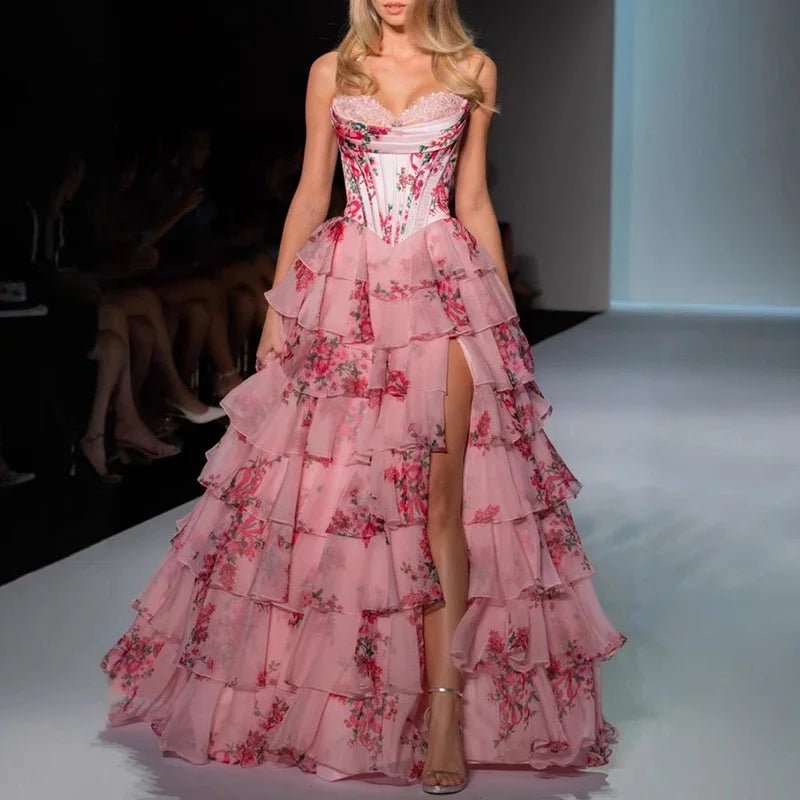 Luxury Floral Print Sleeveless Dress Lady Strapless Waist Layered Evening Gown - American Thistle Luxury Floral Print Sleeveless Dress Lady Strapless Waist Layered Evening Gown