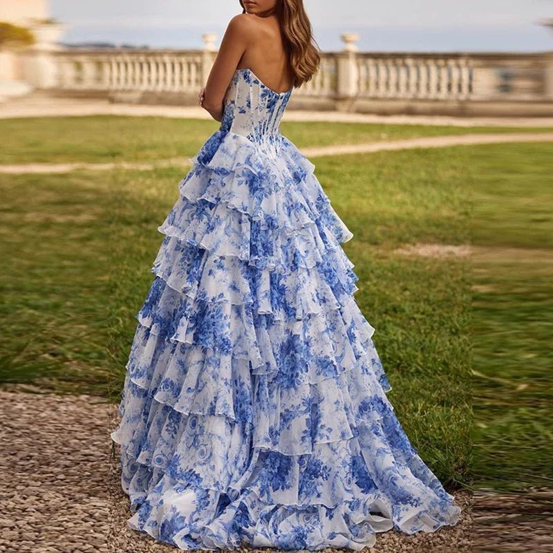 Luxury Floral Print Sleeveless Dress Lady Strapless Waist Layered Evening Gown - American Thistle Luxury Floral Print Sleeveless Dress Lady Strapless Waist Layered Evening Gown