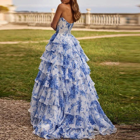 Luxury Floral Print Sleeveless Dress Lady Strapless Waist Layered Evening Gown - American Thistle Luxury Floral Print Sleeveless Dress Lady Strapless Waist Layered Evening Gown