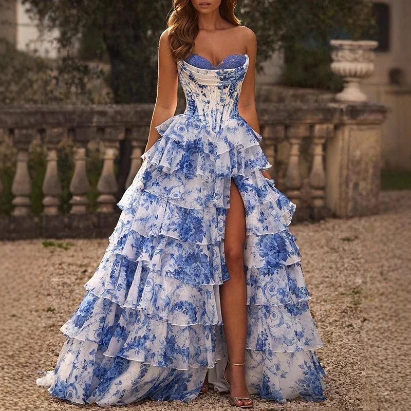 Luxury Floral Print Sleeveless Dress Lady Strapless Waist Layered Evening Gown - American Thistle Luxury Floral Print Sleeveless Dress Lady Strapless Waist Layered Evening Gown