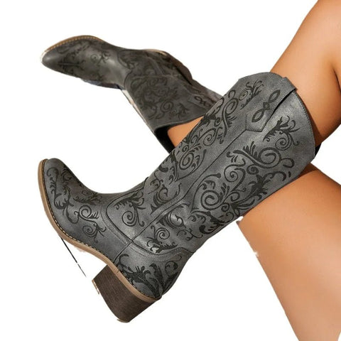 Mid - calf Embroider Modern Boots Mid Heel Square Heel 2025 Fashion Shoes Female Slip - on Pointed Toe Ethnic Women's Boots - American ThistleMid - calf Embroider Modern Boots Mid Heel Square Heel 2025 Fashion Shoes Female Slip - on Pointed Toe Ethnic Women's Boots