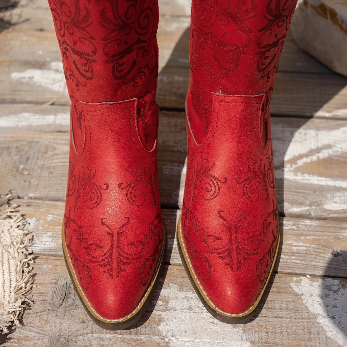 Mid - calf Embroider Modern Boots Mid Heel Square Heel 2025 Fashion Shoes Female Slip - on Pointed Toe Ethnic Women's Boots - American ThistleMid - calf Embroider Modern Boots Mid Heel Square Heel 2025 Fashion Shoes Female Slip - on Pointed Toe Ethnic Women's Boots