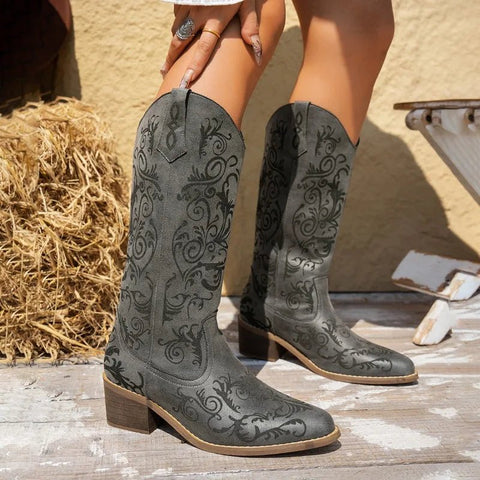 Mid - calf Embroider Modern Boots Mid Heel Square Heel 2025 Fashion Shoes Female Slip - on Pointed Toe Ethnic Women's Boots - American ThistleMid - calf Embroider Modern Boots Mid Heel Square Heel 2025 Fashion Shoes Female Slip - on Pointed Toe Ethnic Women's Boots