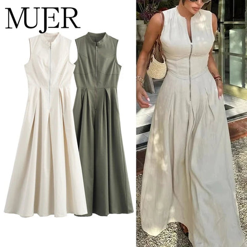 MUJER Zipper Long Dress Woman Pleated Sleeveless Bodycon Dress Summer Elegant Party Dresse - American Thistle MUJER Zipper Long Dress Woman Pleated Sleeveless Bodycon Dress Summer Elegant Party Dresse