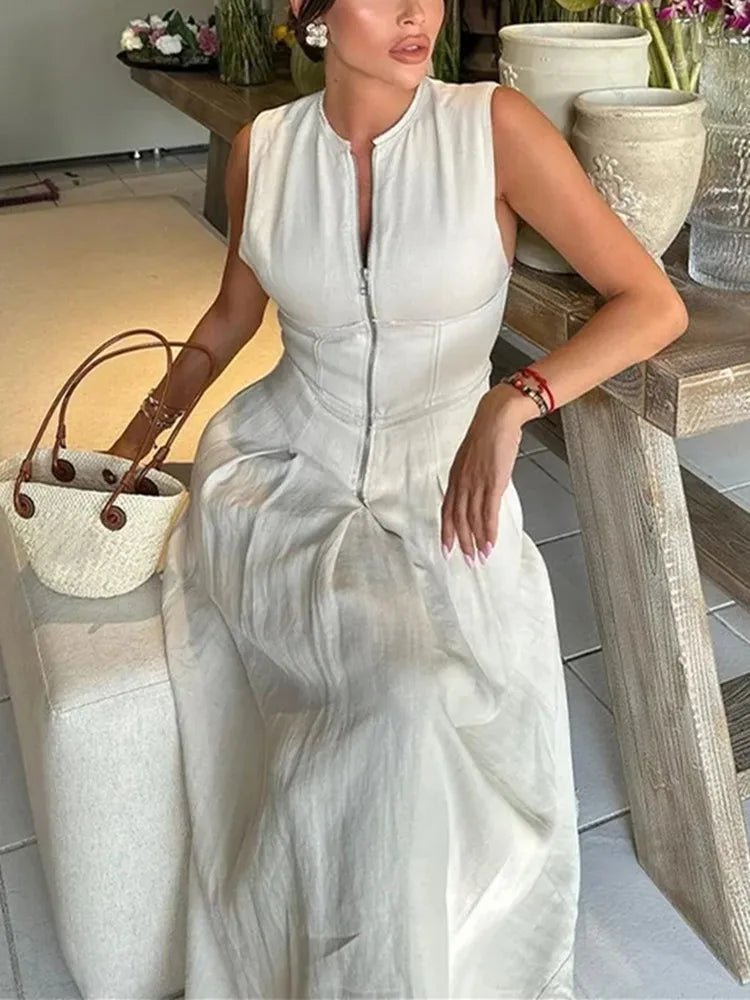 MUJER Zipper Long Dress Woman Pleated Sleeveless Bodycon Dress Summer Elegant Party Dresse - American Thistle MUJER Zipper Long Dress Woman Pleated Sleeveless Bodycon Dress Summer Elegant Party Dresse