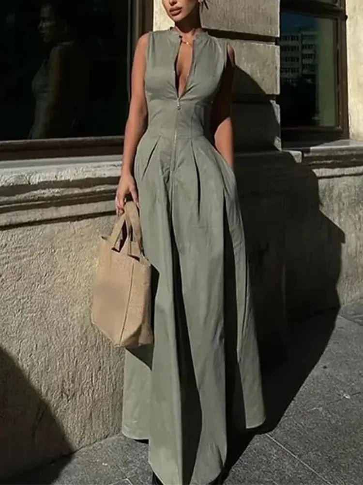 MUJER Zipper Long Dress Woman Pleated Sleeveless Bodycon Dress Summer Elegant Party Dresse - American Thistle MUJER Zipper Long Dress Woman Pleated Sleeveless Bodycon Dress Summer Elegant Party Dresse
