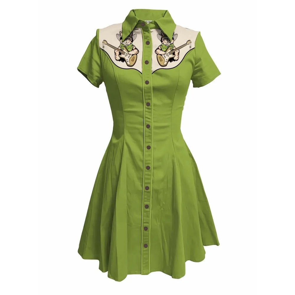 Music Love Guitar Rock Printed Western Cowgirl Dress Women Button - down Dress Short Sleeves 100% Cotton - American Thistle Music Love Guitar Rock Printed Western Cowgirl Dress Women Button - down Dress Short Sleeves 100% Cotton