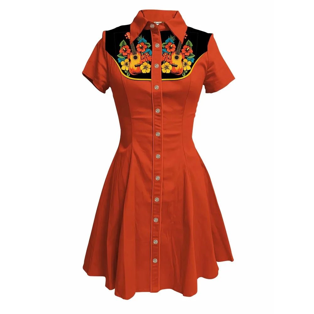 Music Love Guitar Rock Printed Western Cowgirl Dress Women Button - down Dress Short Sleeves 100% Cotton - American Thistle Music Love Guitar Rock Printed Western Cowgirl Dress Women Button - down Dress Short Sleeves 100% Cotton