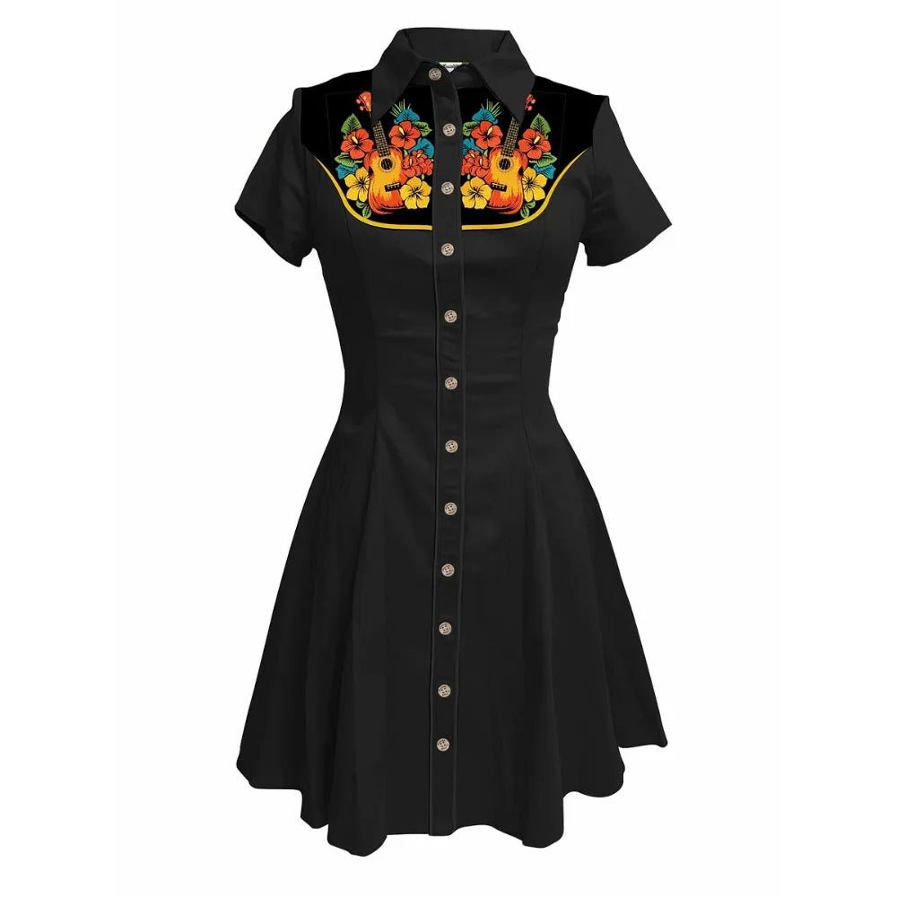 Music Love Guitar Rock Printed Western Cowgirl Dress Women Button - down Dress Short Sleeves 100% Cotton - American Thistle Music Love Guitar Rock Printed Western Cowgirl Dress Women Button - down Dress Short Sleeves 100% Cotton