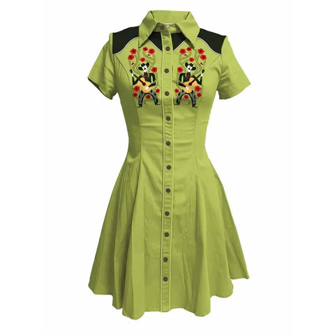 Music Love Guitar Rock Printed Western Cowgirl Dress Women Button - down Dress Short Sleeves 100% Cotton - American Thistle Music Love Guitar Rock Printed Western Cowgirl Dress Women Button - down Dress Short Sleeves 100% Cotton