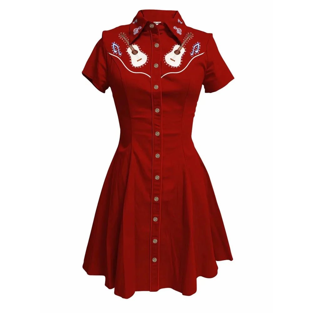 Music Love Guitar Rock Printed Western Cowgirl Dress Women Button - down Dress Short Sleeves 100% Cotton - American Thistle Music Love Guitar Rock Printed Western Cowgirl Dress Women Button - down Dress Short Sleeves 100% Cotton