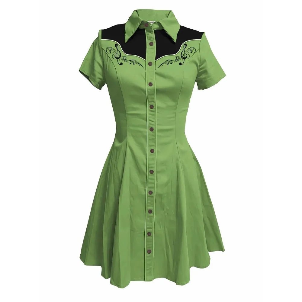 Music Love Guitar Rock Printed Western Cowgirl Dress Women Button - down Dress Short Sleeves 100% Cotton - American Thistle Music Love Guitar Rock Printed Western Cowgirl Dress Women Button - down Dress Short Sleeves 100% Cotton