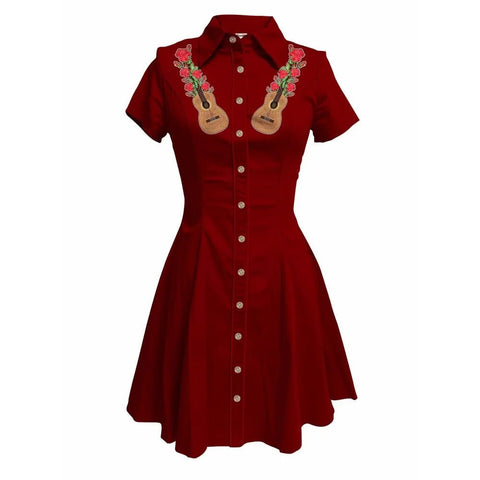 Music Love Guitar Rock Printed Western Cowgirl Dress Women Button - down Dress Short Sleeves 100% Cotton - American Thistle Music Love Guitar Rock Printed Western Cowgirl Dress Women Button - down Dress Short Sleeves 100% Cotton